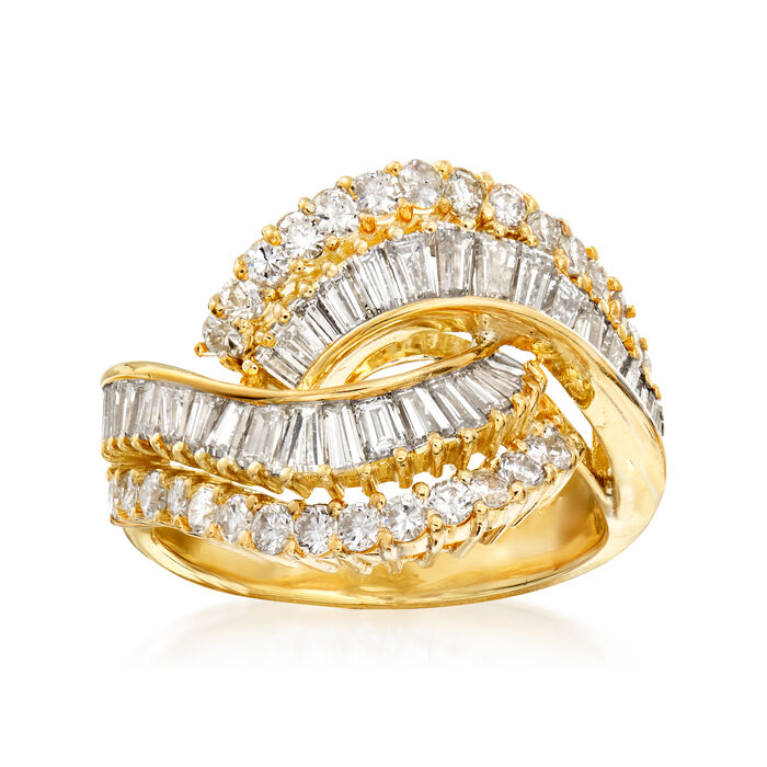 C. 1990 Vintage Mikimoto 1.90 ct. t.w. Round and Baguette Diamond Bypass Ring in 18kt Yellow Gold