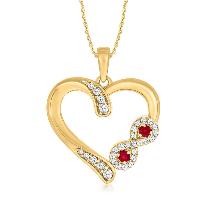 .14 ct. t.w. Diamond Heart and Infinity Symbol Pendant Necklace with Ruby Accents in 14kt Yellow Gold