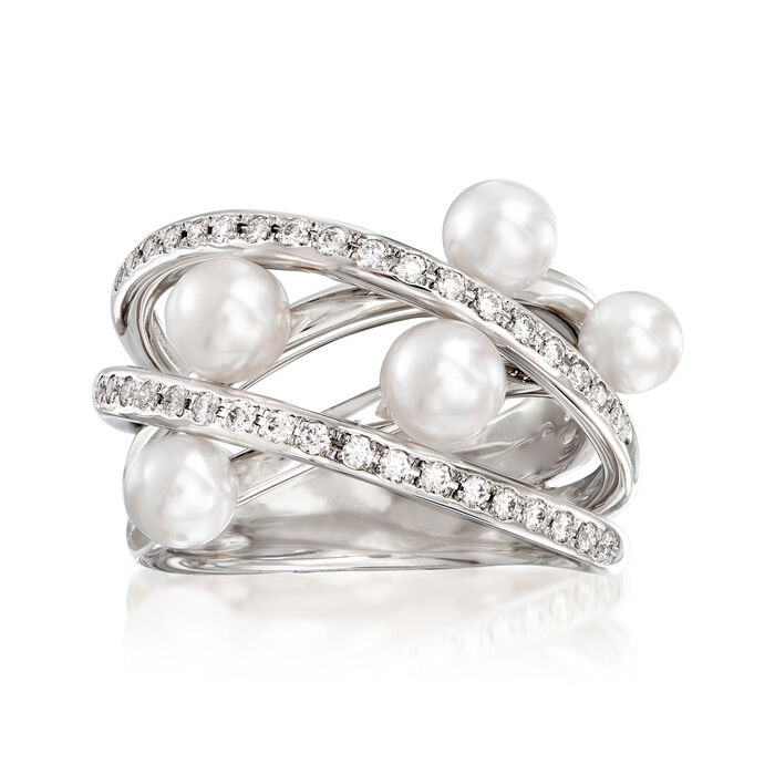 Mikimoto &quot;Japan&quot; 4-5mm A+ Akoya Pearl and .32 ct. t.w. Diamond Highway Ring in 18kt White Gold