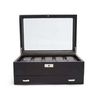 WOLF &quot;Viceroy&quot; Black Vegan Leather Ten-Module Watch Box with Storage Drawer