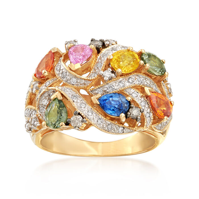C. 2000 Vintage 2.45 ct. t.w. Multicolored Sapphire and .35 ct. t.w. Diamond Ring in 14kt Yellow Gold