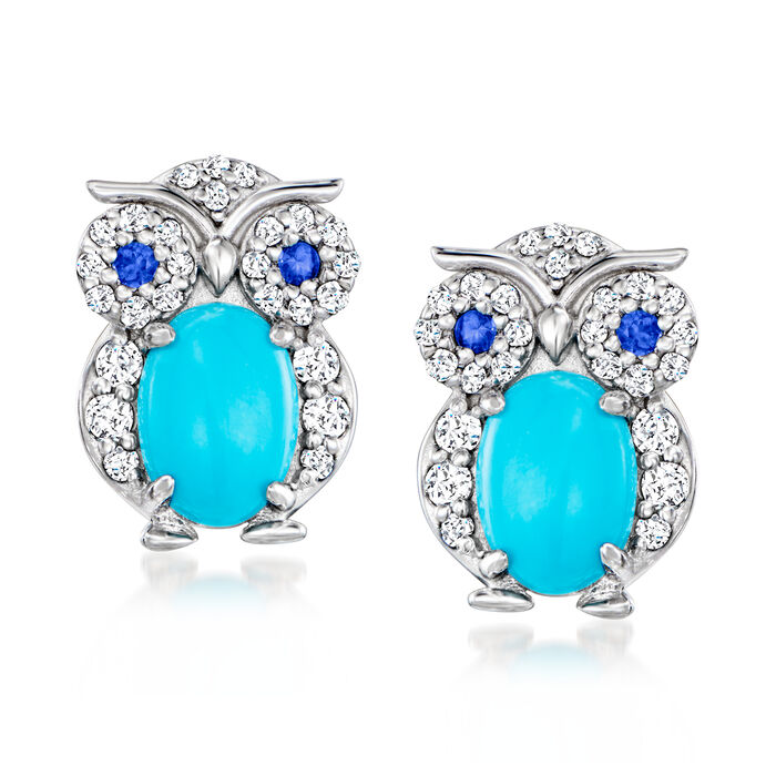 Turquoise and 1.30 ct. t.w. White Zircon Owl Earrings with Sapphire Accents in Sterling Silver