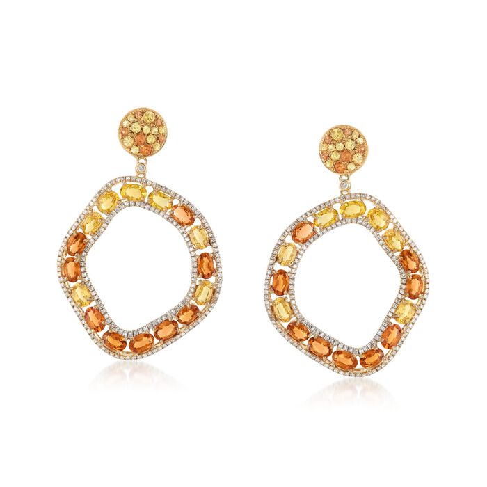 10.90 ct. t.w. Orange and Yellow Sapphire Open Circle Drop Earrings With 1.10 ct. t.w. Diamonds in 18kt Yellow Gold