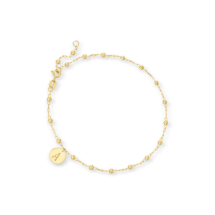 Italian 14kt Yellow Gold Personalized Disc Charm Bead Station Anklet