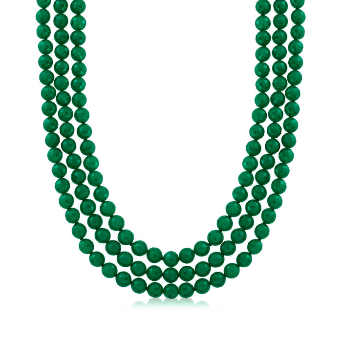 8-8.5mm Green Agate Bead Three-Strand Necklace with Sterling Silver