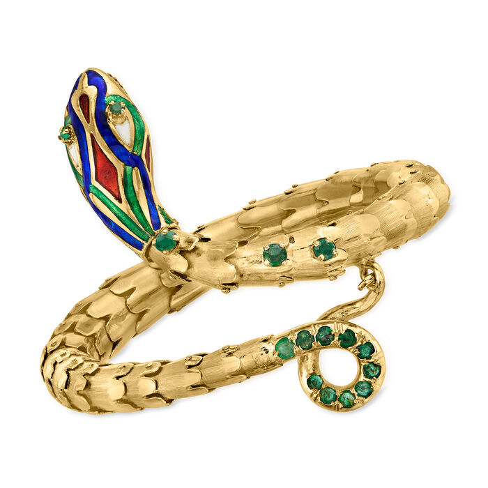 C. 1970 Vintage 1.10 ct. t.w. Emerald Snake Bangle Bracelet with Multicolored Enamel in 14kt Yellow Gold