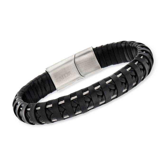 ALOR Men's Black Leather and Stainless Steel Bracelet with Magnetic Clasp