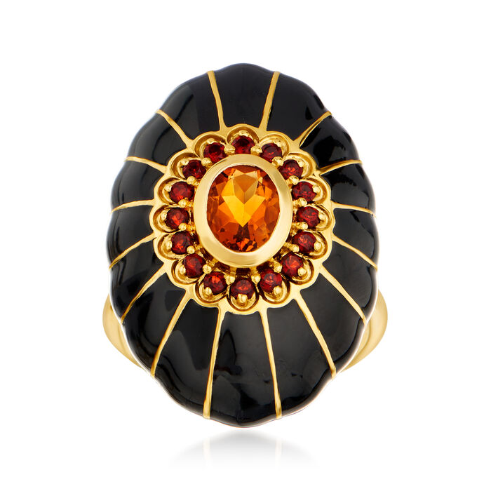 1.10 Carat Madeira Citrine and .50 ct. t.w. Garnet Ring with Black Enamel in 18kt Gold Over Sterling