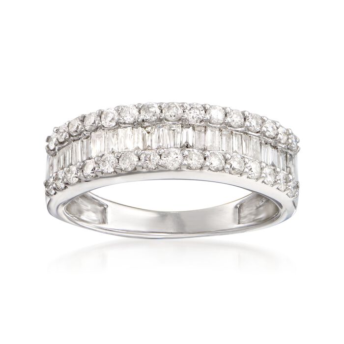 1.00 ct. t.w. Baguette and Round Diamond Three-Row Ring in 14kt White Gold