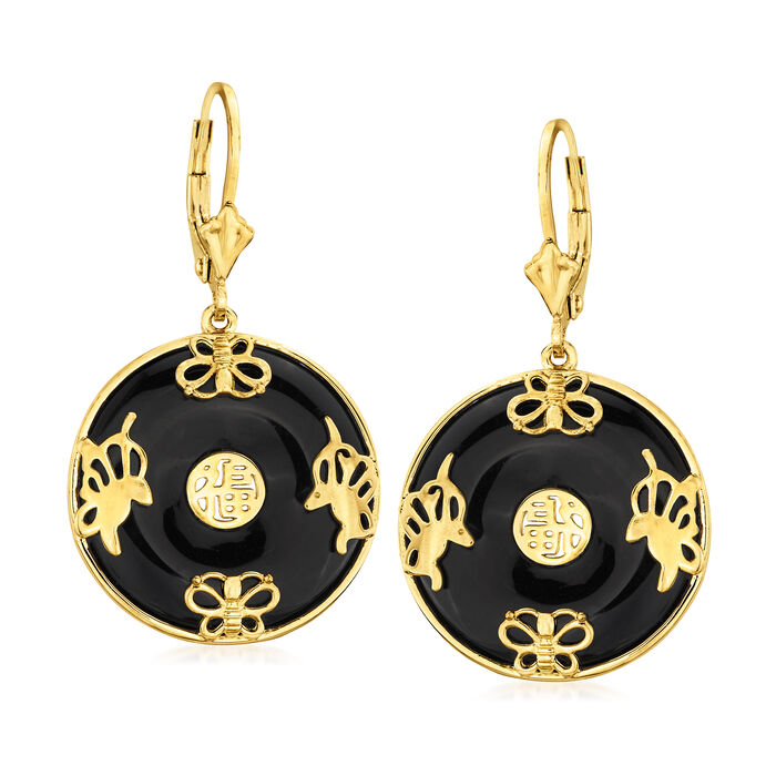 Black Agate &quot;Good Fortune&quot; Butterfly Drop Earrings in 18kt Gold Over Sterling