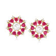 9.5-10mm Cultured Pearl and 9.00 ct. t.w. Ruby Earrings with 1.80 ct. t.w. White Topaz in 18kt Gold Over Sterling