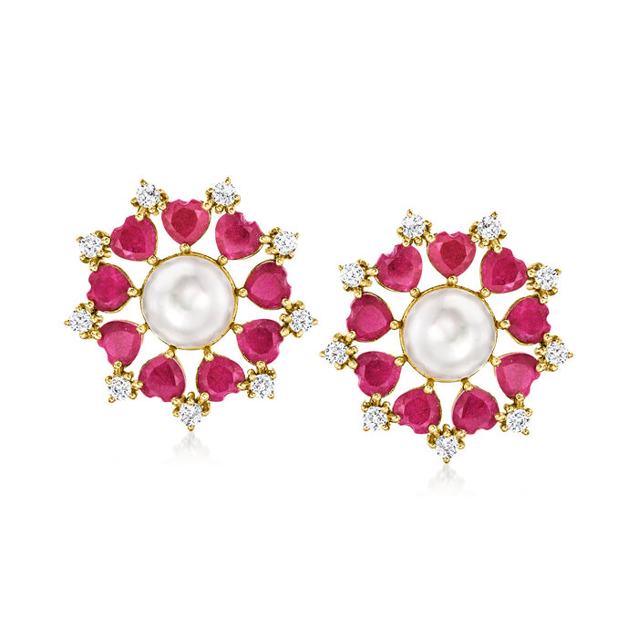 9.5-10mm Cultured Pearl and 9.00 ct. t.w. Ruby Earrings with 1.80 ct. t.w. White Topaz in 18kt Gold Over Sterling