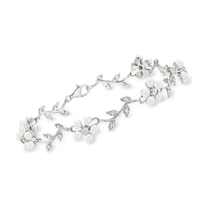 3-3.5mm Cultured Pearl and .60 ct. t.w. CZ Floral Bracelet in Sterling Silver