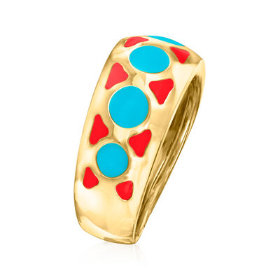 Italian Geometric Red and Blue Enamel Ring in 14kt Yellow Gold