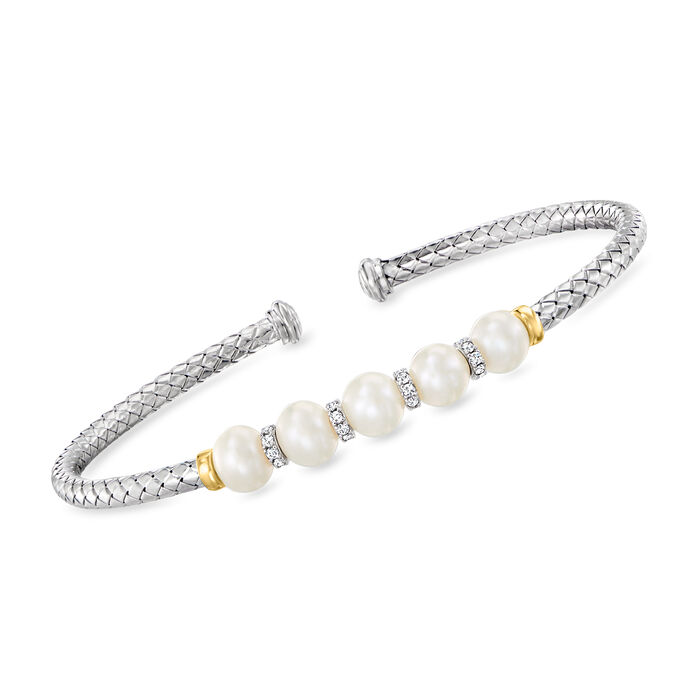 Charles Garnier 6-6.5mm Cultured Pearl and .60 ct. t.w. CZ Cuff Bracelet in Sterling Silver with 18kt Gold Over Sterling