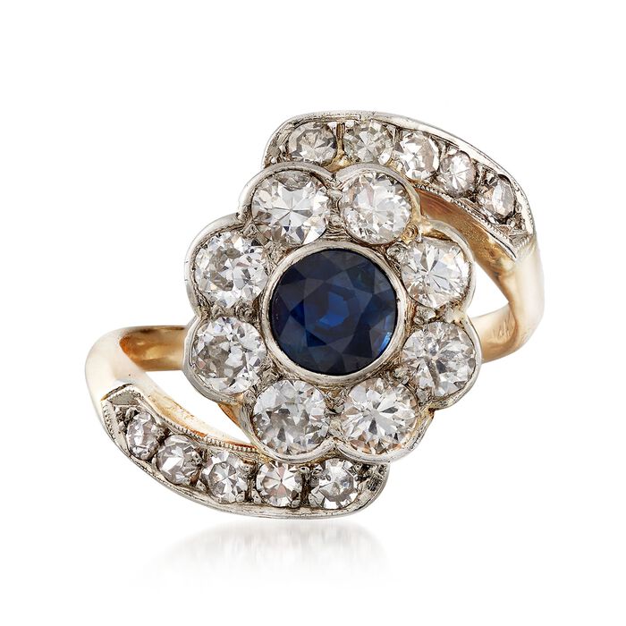 C. 1950 Vintage .55 Carat Sapphire and 1.25 ct. t.w. Diamond Floral Ring in Platinum and 14kt Yellow Gold