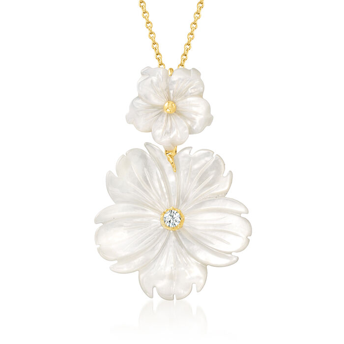 Mother-of-Pearl and .10 Carat White Topaz Flower Pendant Necklace in 18kt Gold Over Sterling