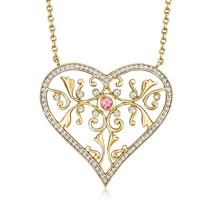 C. 2000 Vintage 1.45 ct. t.w. Diamond and .25 Carat Pink Tourmaline Open-Space Heart Necklace in 14kt Yellow Gold