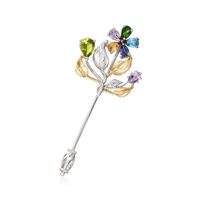 Multi-Gemstone Flower Stick Pin in Sterling Silver and 18kt Gold Over Sterling