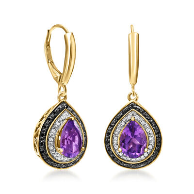 2.30 ct. t.w. Amethyst and .12 ct. t.w. Black Diamond Drop Earrings with White Diamond Accents in 18kt Gold Over Sterling