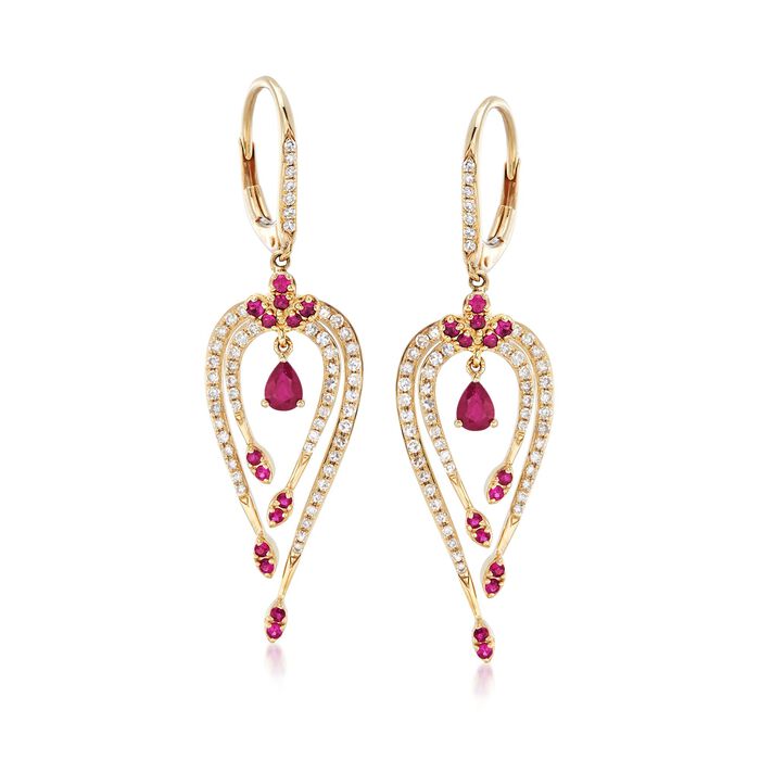 .50 ct. t.w. Ruby and .49 ct. t.w. Diamond Drop Earrings in 14kt Yellow Gold