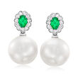 13-14mm Cultured South Sea Pearl Drop Earrings with .90 ct. t.w. Emeralds and .66 ct. t.w. Diamonds in 18kt White Gold