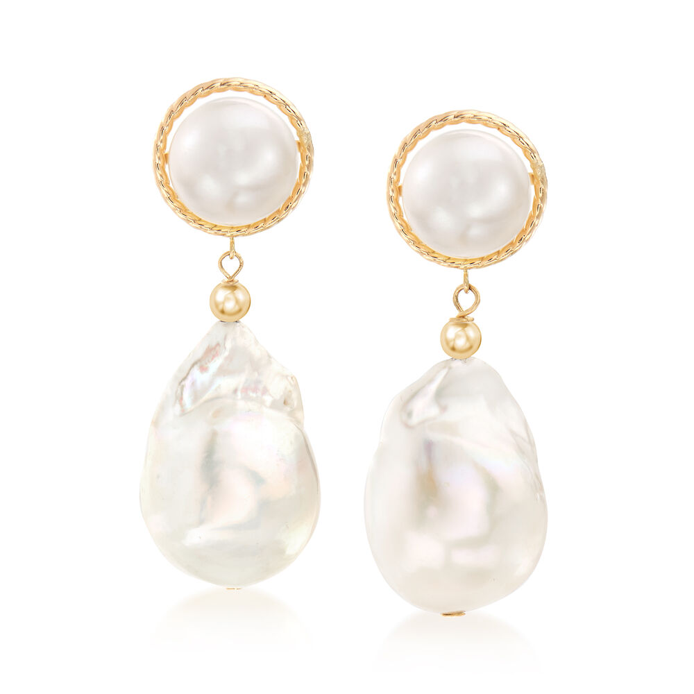 8.5-13mm Cultured Button and Baroque Pearl Drop Earrings in 14kt Yellow ...