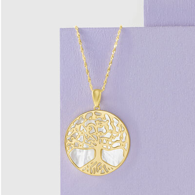 Mother-of-Pearl Tree of Life Pendant Necklace in 18kt Gold Over Sterling