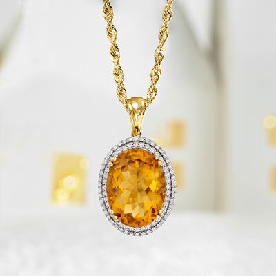 13.00 Carat Citrine and .78 ct. t.w. Diamond Pendant in 14kt Yellow Gold
