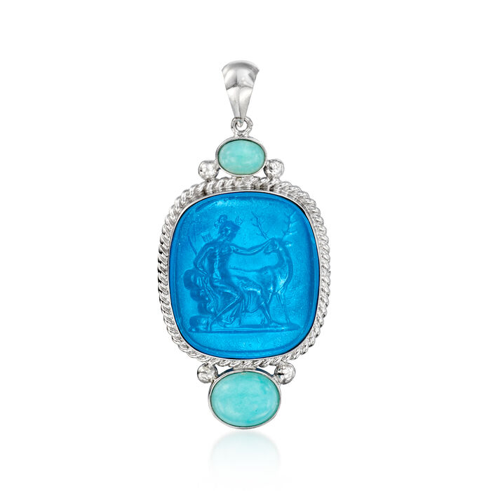 Italian Blue Venetian Glass Diana the Huntress Pendant with Amazonite in Sterling Silver
