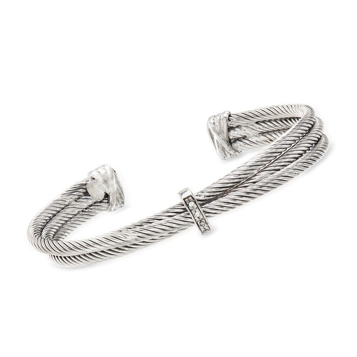 Phillip Gavriel &quot;Italian Cable&quot; Sterling Silver Three-Row Cuff Bracelet with Diamond Accents