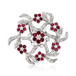 C. 1970 Vintage 3.30 ct. t.w. Ruby and 1.30 ct. t.w. Diamond Flower Pin in 18kt White Gold