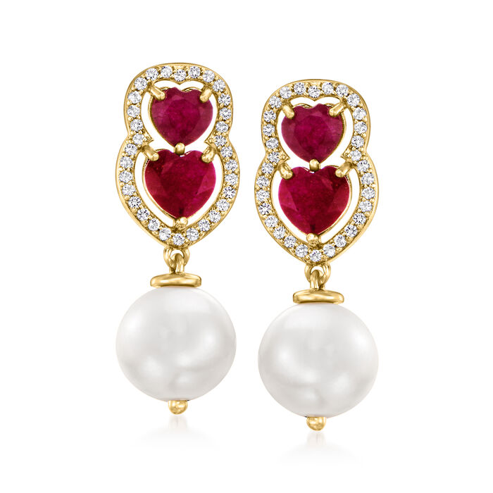 9.5-10mm Cultured Pearl and 2.70 ct. t.w. Ruby Heart Drop Earrings with .30 ct. t.w. White Topaz in 18kt Gold Over Sterling