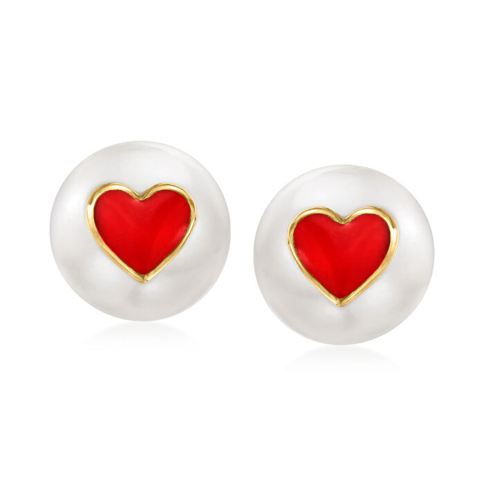8.5-9mm Cultured Pearl and Red Enamel Heart Stud Earrings in Sterling Silver and 14kt Yellow Gold