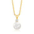 6-6.5mm Cultured Akoya Pearl and Diamond Accent Necklace in 14kt Yellow Gold
