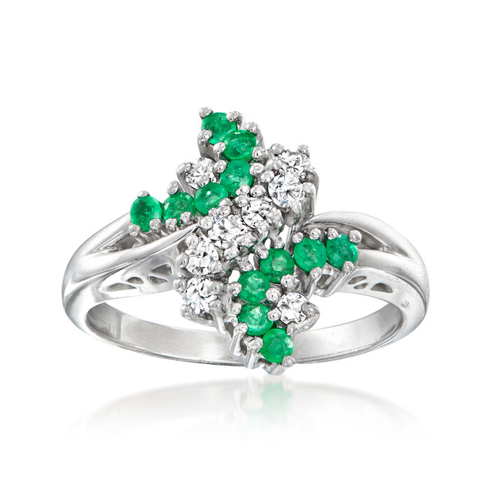 C. 1980 Vintage .40 ct. t.w. Emerald and .30 ct. t.w. Diamond Bypass Ring in 14kt White Gold