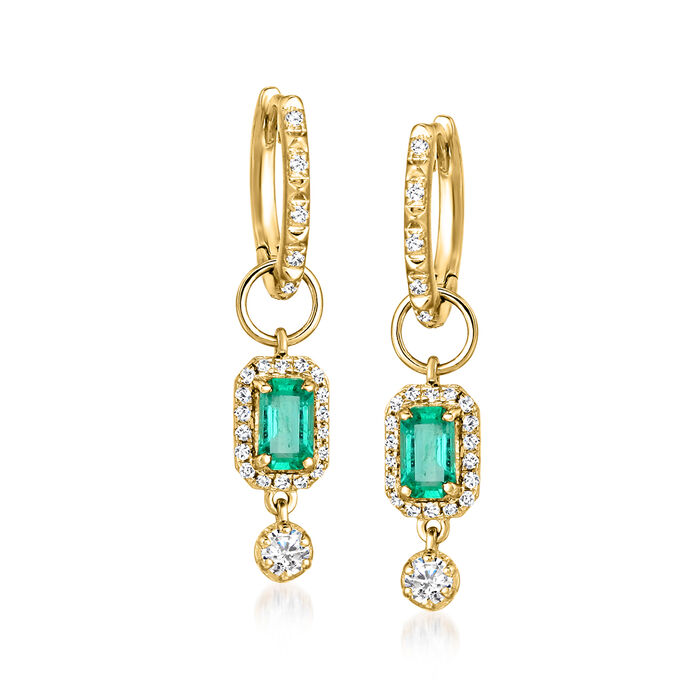 .60 ct. t.w. Emerald and .30 ct. t.w. Diamond Hoop Drop Earrings in 14kt Yellow Gold