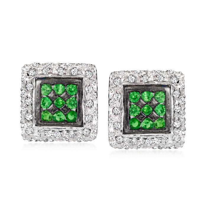 .60 ct. t.w. Green Garnet Square Earrings with .51 ct. t.w. Diamonds in 14kt White Gold