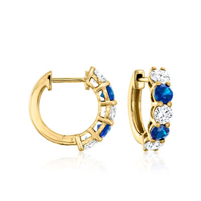 .80 ct. t.w. Sapphire and 1.00 ct. t.w. Lab-Grown Diamond Hoop Earrings in 14kt Yellow Gold