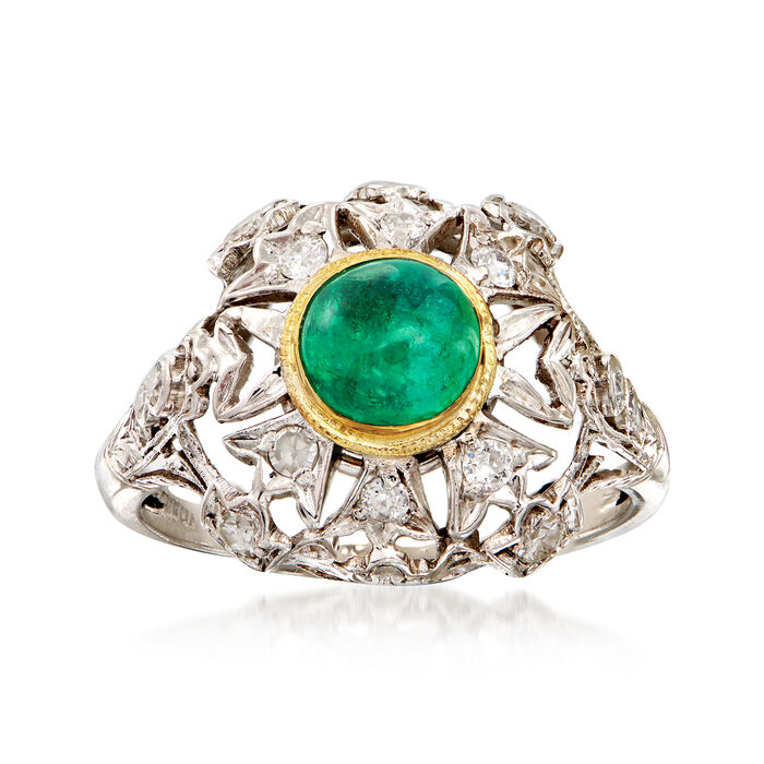 C. 1950 Vintage .70 Carat Emerald and .40 ct. t.w. Diamond Cocktail Ring in Platinum with 14kt Yellow Gold