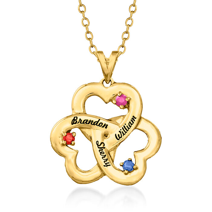 Personalized Birthstone and Name Triple-Heart Pendant Necklace in 14kt Gold