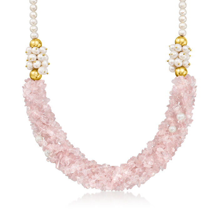 255.00 ct. t.w. Rose Quartz Bead Necklace with 4.5-5.5mm Cultured Pearls in 18kt Gold Over Sterling