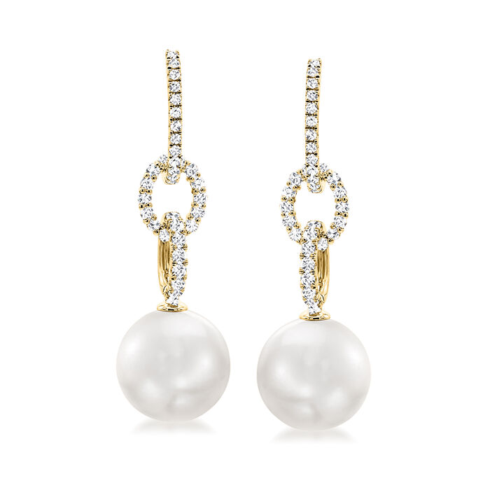 12-13mm Cultured South Sea Pearl Drop Earrings with .80 ct. t.w. Diamonds in 18kt Yellow Gold