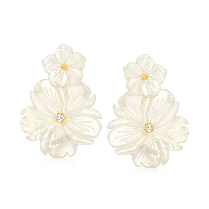 Mother-of-Pearl and .20 ct. t.w. White Topaz Flower Removable Drop Earrings with 18kt Gold Over Sterling