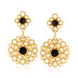 Italian 14kt Yellow Gold Multi-Circle Drop Earrings with Black Enamel