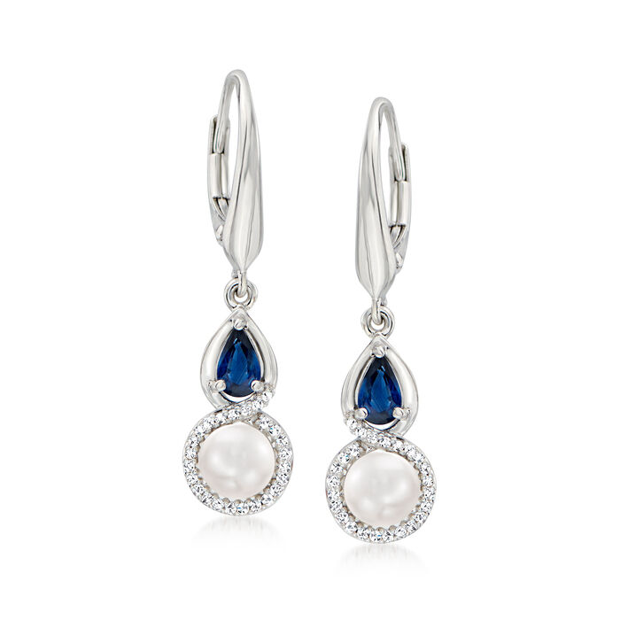 5mm Cultured Pearl and .50 ct. t.w. Sapphire Drop Earrings with .13 ct. t.w. Diamonds in Sterling Silver