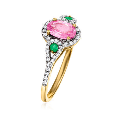 .80 Carat Pink Sapphire and .20 ct. t.w. Diamond Ring with Emerald Accents in 14kt Yellow Gold