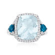 5.00 Carat Aquamarine, .60 ct. t.w. Blue Topaz and .30 ct. t.w. Diamond Halo Ring in 14kt White Gold