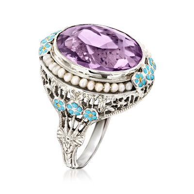 C. 1950 Vintage 6.00 Carat Amethyst Ring with Seed Pearls and Blue Enamel in 14kt White Gold