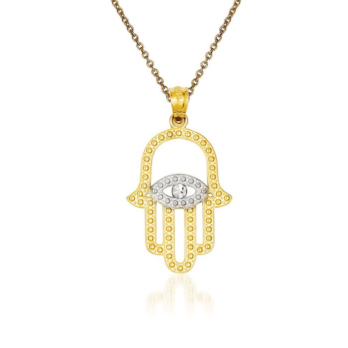 14kt Yellow Gold Hamsa Hand and Evil Eye Pendant Necklace